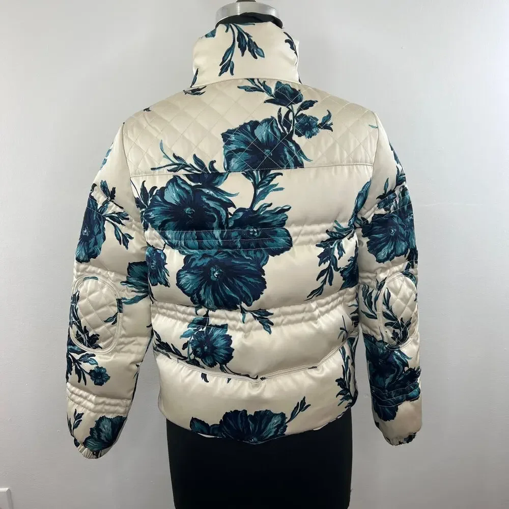 TORY BURCH White Blue Floral Full Zip Down Fill Quilted Puffer Jacket X-Small XS